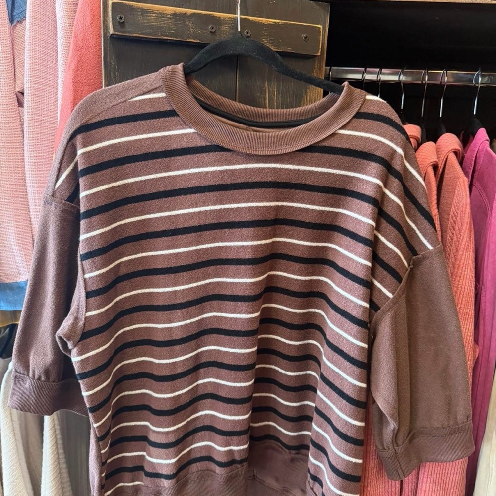 Umgee Brown Striped Crewneck Top